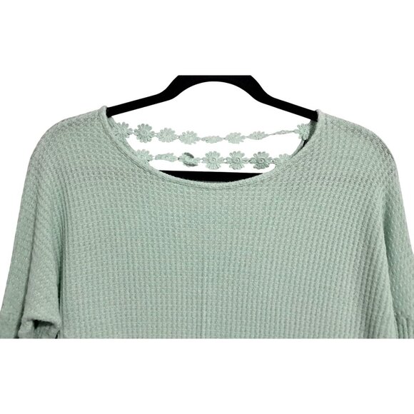 Y2K Top Womens XS Mint Green Waffle Knit Long Sleeve Shirt With Floral Lace Back - Picture 5 of 8